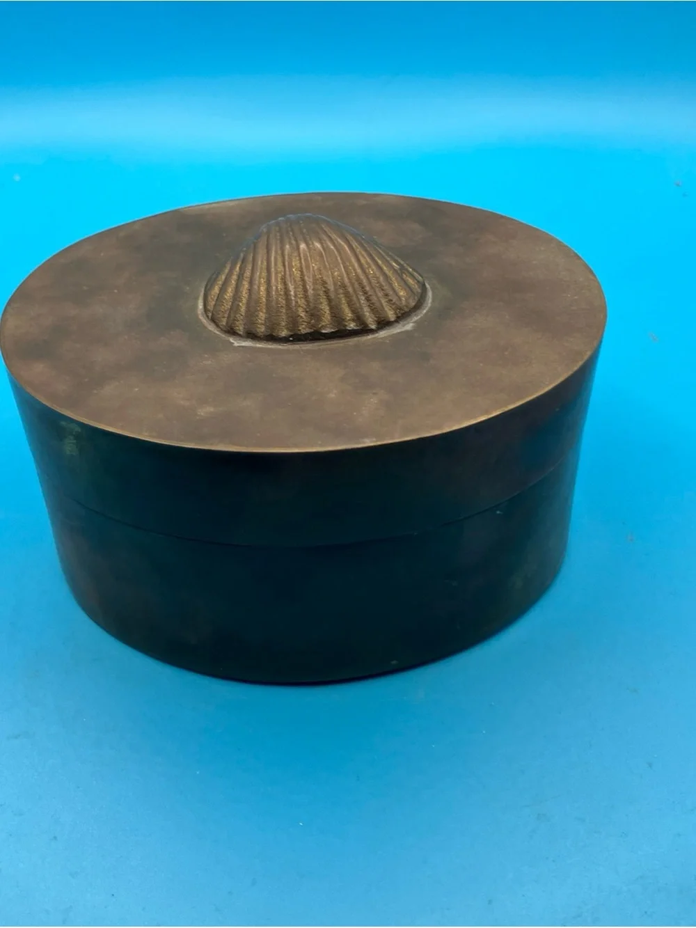 Decorative Round Metal Accent Box with Shell Motif - Bronze